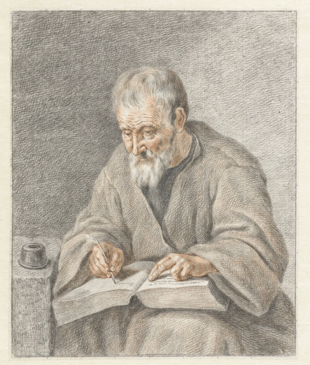 Oude man, schrijvend in boek by Abraham Delfos, drawing, 1777