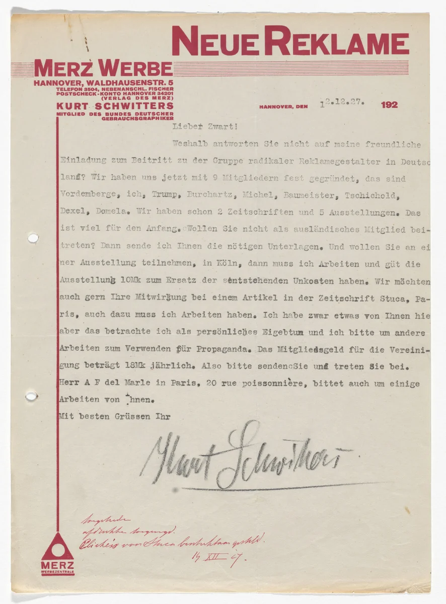 Merz Werbe letterhead (Letter to Piet Zwart from Schwitters) by Kurt Schwitters, design, 1927