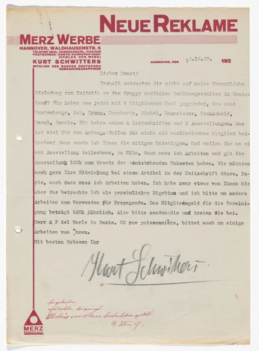 Merz Werbe letterhead (Letter to Piet Zwart from Schwitters) by Kurt Schwitters, design, 1927