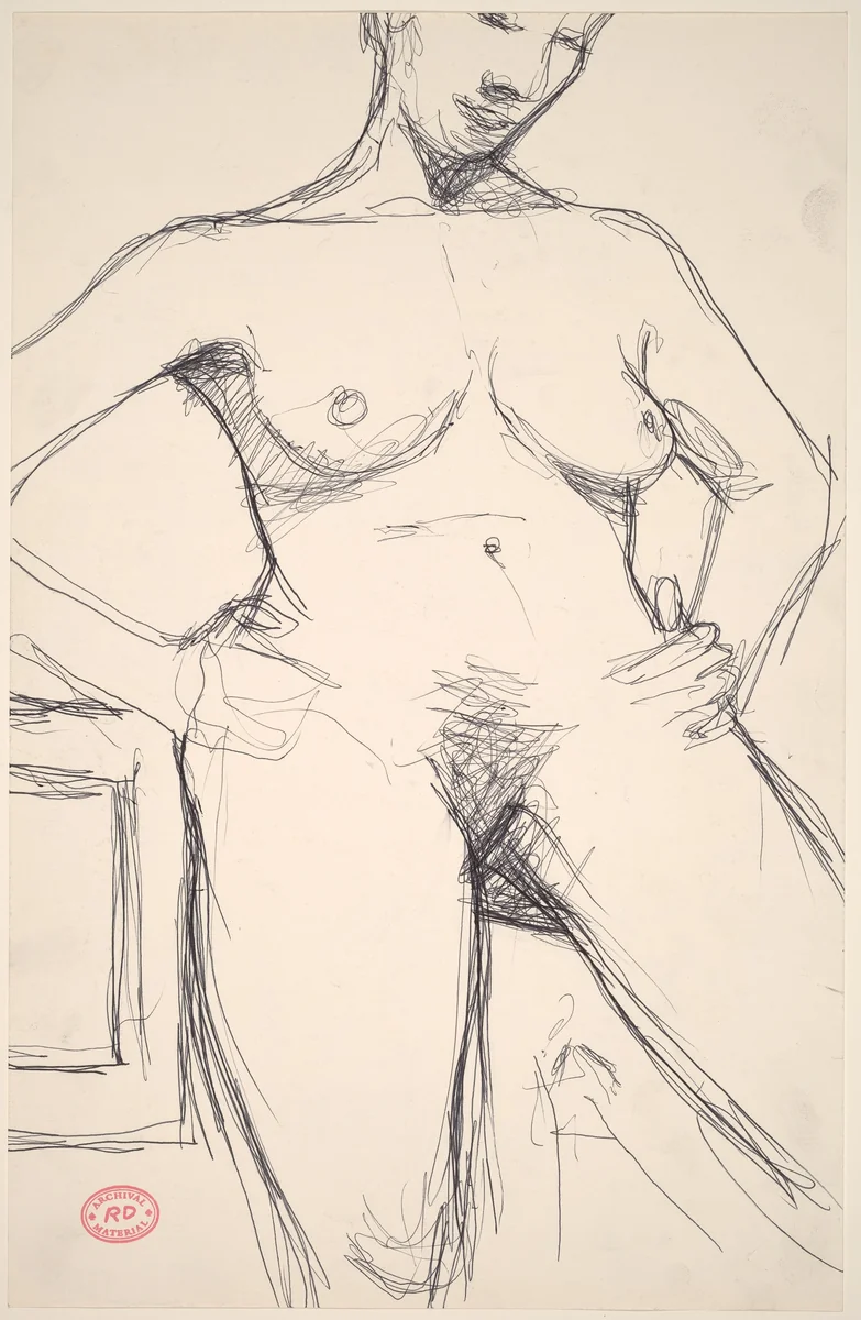 Untitled [head-to-knee view of a nude with her arms akimbo] by Richard Diebenkorn, drawing, 1955-1967