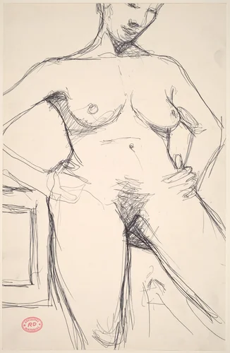 Untitled [head-to-knee view of a nude with her arms akimbo] by Richard Diebenkorn, drawing, 1955-1967
