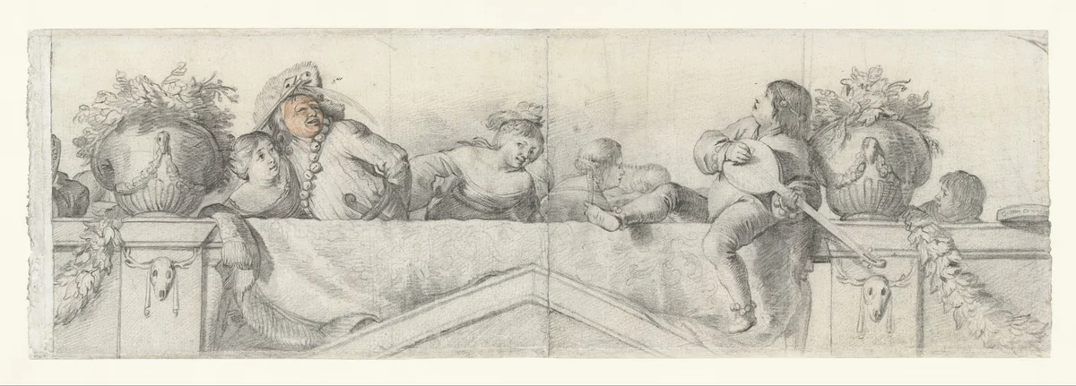 Personen op een balustrade met festoenen by Cornelis Holsteyn, drawing, 1633-1638
