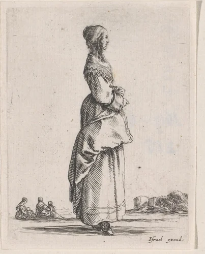 Staande jonge vrouw in profiel naar rechts by Stefano della Bella, print, 1620-1664