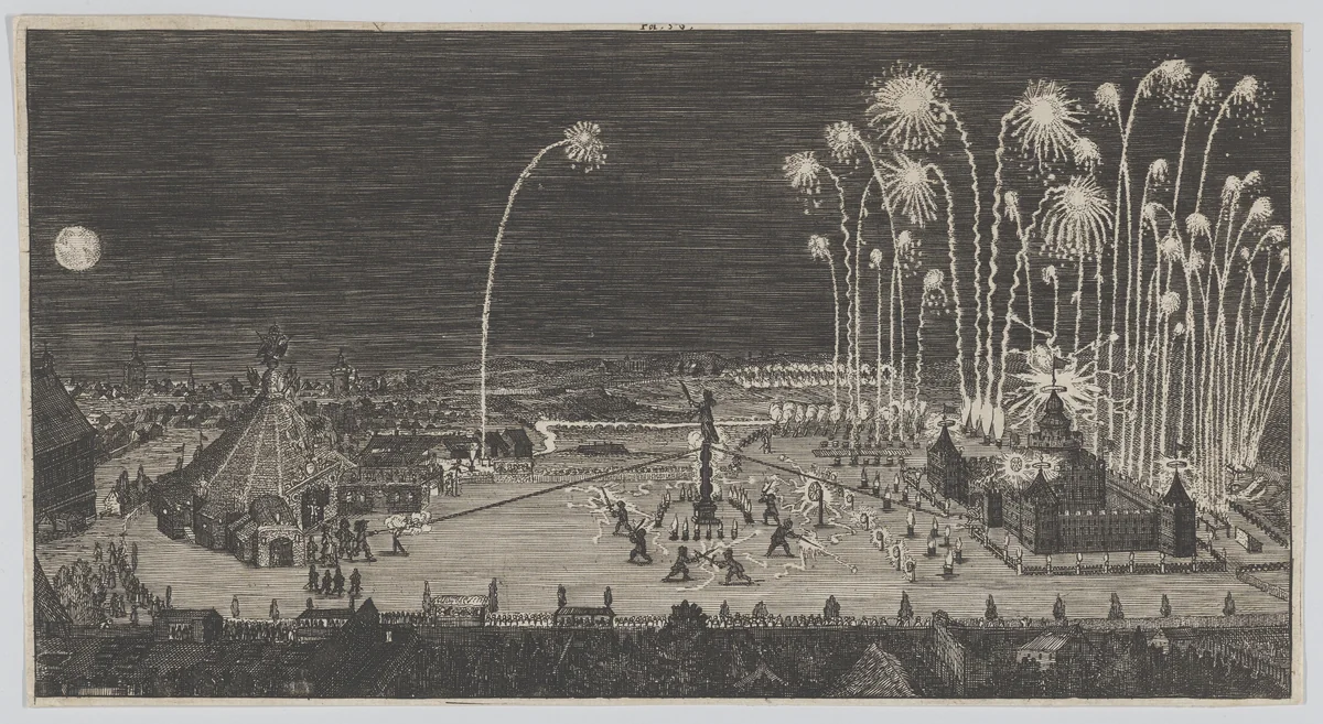 Fireworks display celebrating the end of the Thirty Years War, Nuremberg by anonymous, print, 1645-1655