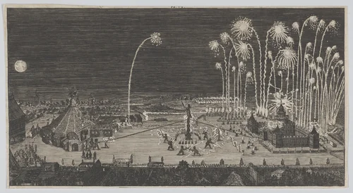 Fireworks display celebrating the end of the Thirty Years War, Nuremberg by anonymous, print, 1645-1655