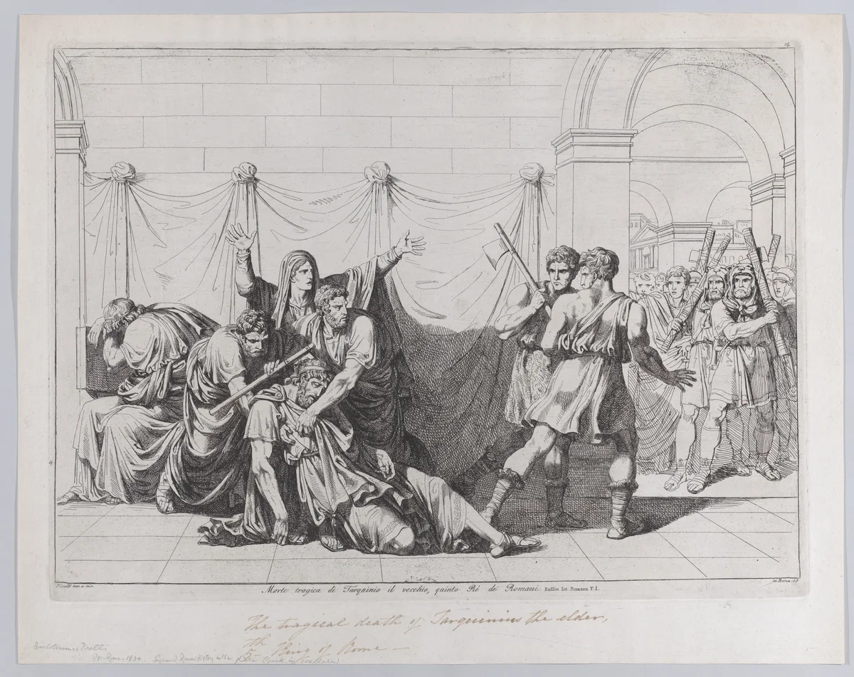 Plate 14: The Tragic Death of Tarquin the Elder; from volume I of Rollin's 'Istoria Romana' by Bartolomeo Pinelli, print, 1818