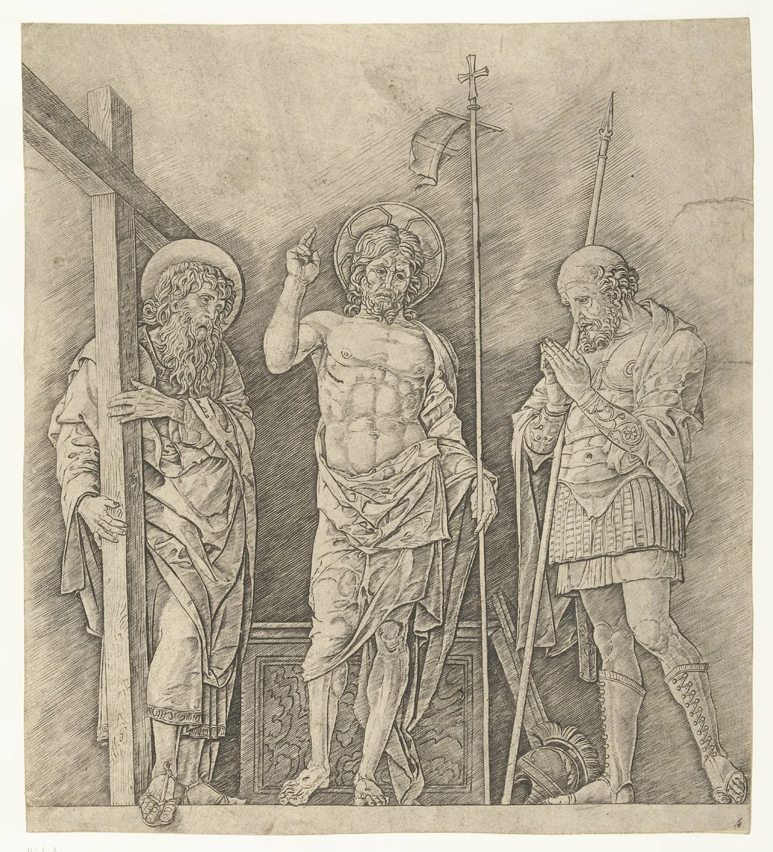 Herrezen Christus staand tussen heiligen Andreas en Longinus by Andrea Mantegna, print, 1470-1474
