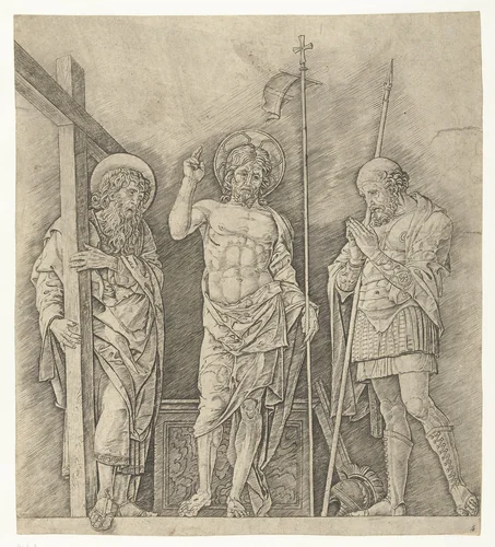 Herrezen Christus staand tussen heiligen Andreas en Longinus by Andrea Mantegna, print, 1470-1474