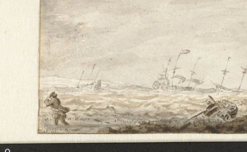 Zeilschepen op ruwe zee by Pieter Coopse, drawing, 1668-1677