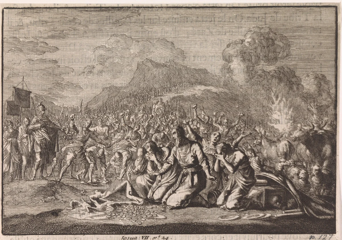 Steniging van Achan en zijn familie by Jan Luyken, print, 1703-1762