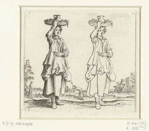 Tweemaal dezelfde boerin met rieten mand, van voren gezien by Jacques Callot, print, 1621-1624