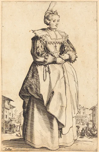 Noble Woman with a Small Hat by Jacques Callot, print, 1620-1623