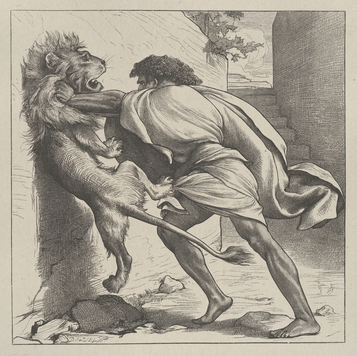Samson and the Lion, from "Dalziels' Bible Gallery" by Frederic Leighton, print, 1865-1881