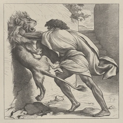 Samson and the Lion, from "Dalziels' Bible Gallery" by Frederic Leighton, print, 1865-1881