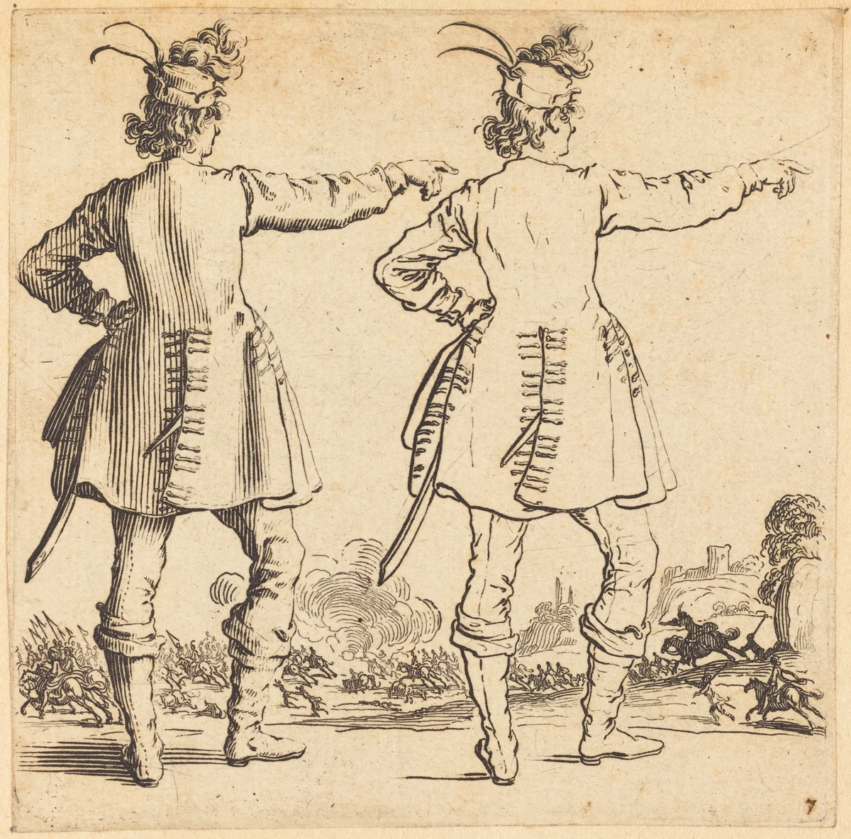 Officer with Feathers in Cap, Seen from Behind by Jacques Callot, print, 1621-1624