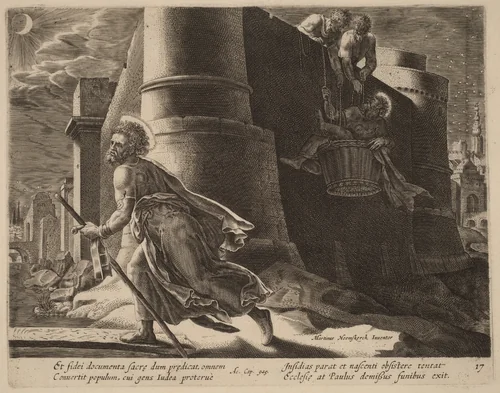 Saint Paul Escapes from Damascus by Philip Galle, print, 1537-1612