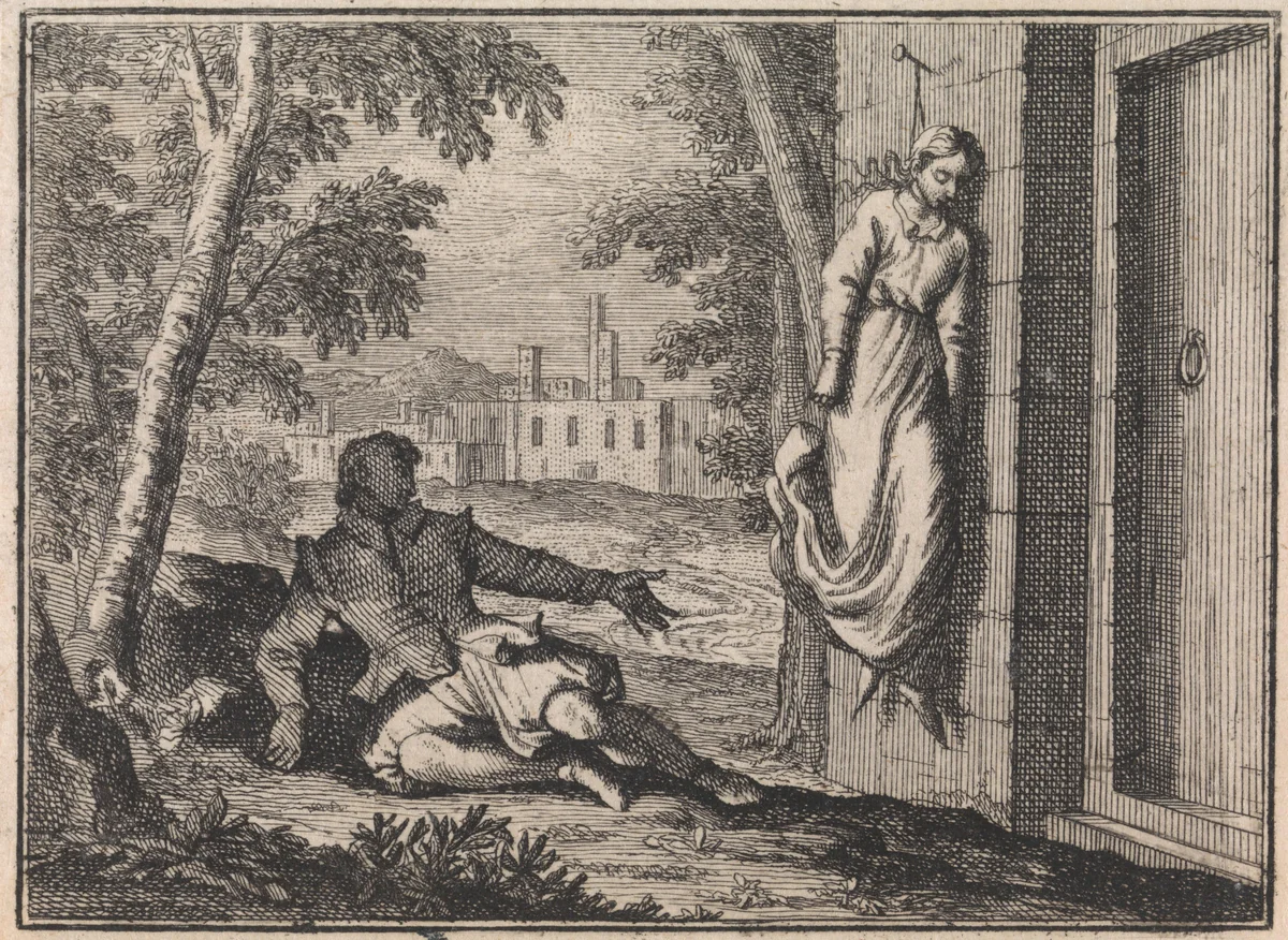 Vrouw heeft zichzelf verhangen nadat haar relatie verbroken werd by Caspar Luyken, print, 1710