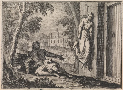 Vrouw heeft zichzelf verhangen nadat haar relatie verbroken werd by Caspar Luyken, print, 1710