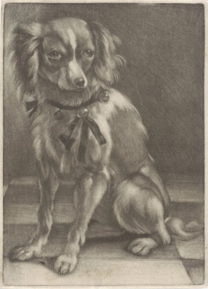 Zittende hond by anonymous, print, 1650-1800