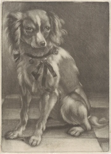 Zittende hond by anonymous, print, 1650-1800