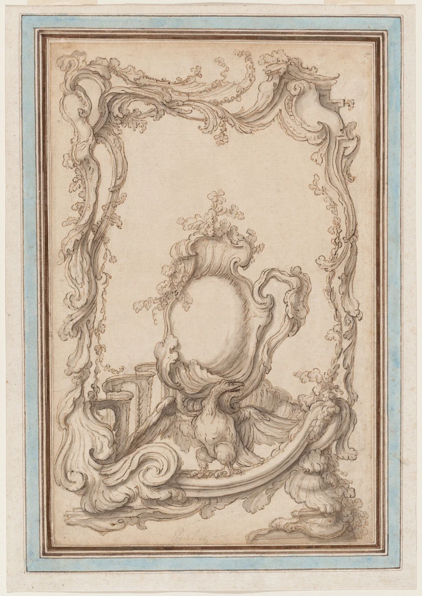 Rocaille Cartouche with an Eagle by Pierre Edmé Babel, drawing, 1720-1775