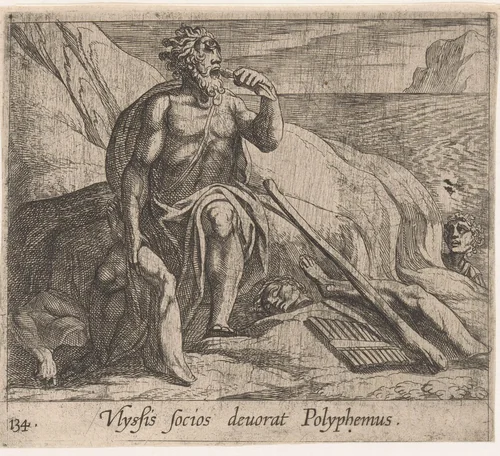 Polyphemus eet de mannen van Odysseus op terwijl Achaemides toekijkt by Antonio Tempesta, print, 1606-1638