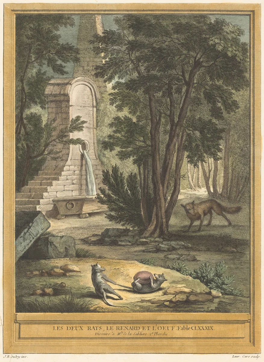 Les deux rats, le renard et l'oeuf (Two Rats, the Fox, and the Egg) by Laurent Cars; Jean-Baptiste Oudry, print, 1759