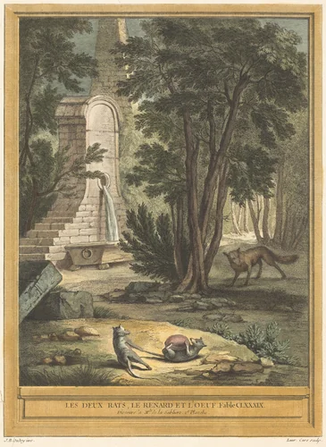 Les deux rats, le renard et l'oeuf (Two Rats, the Fox, and the Egg) by Laurent Cars; Jean-Baptiste Oudry, print, 1759
