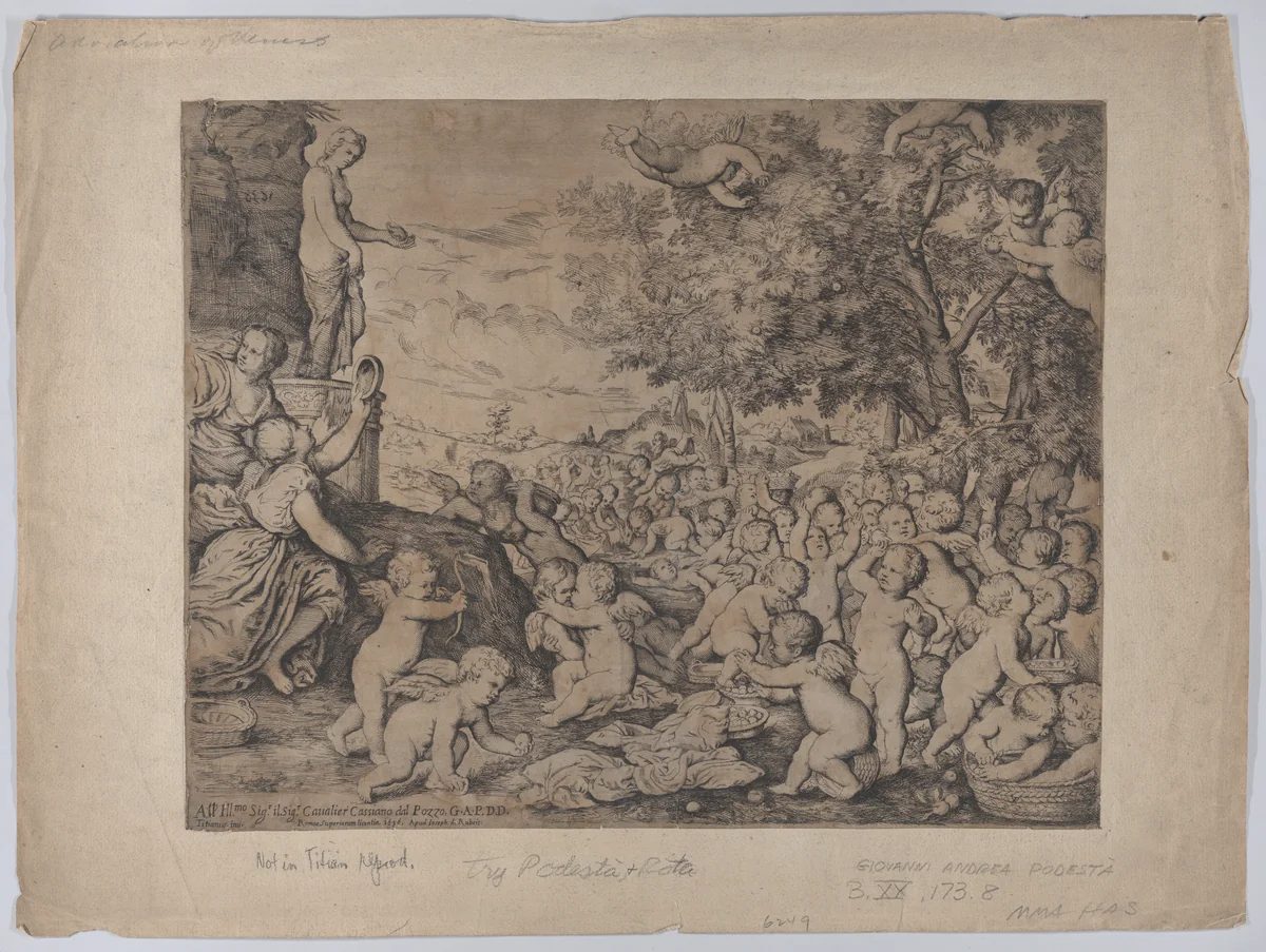 Putti before a statue of Venus; after Titian by Giovanni Andrea Podestà, print, 1636
