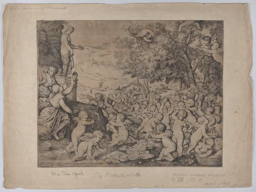 Putti before a statue of Venus; after Titian by Giovanni Andrea Podestà, print, 1636