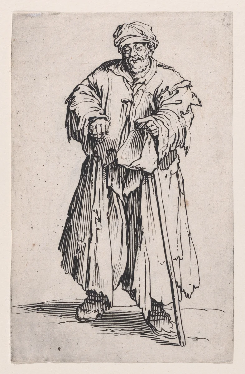 Le Mendiant Obèse aux Yeux Baissés (The Obese Beggar with Lowered Eyes), from "Les Gueux suite appelée aussi Les Mendiants, Les Baroni, ou Les Barons" (The Beggars, also called the Barons) by Jacques Callot, print, 1618-1628