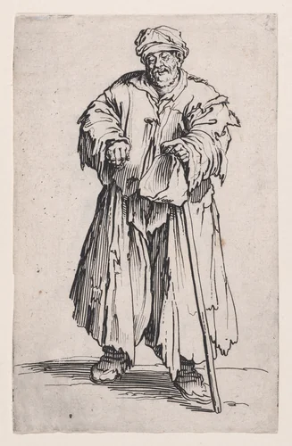 Le Mendiant Obèse aux Yeux Baissés (The Obese Beggar with Lowered Eyes), from "Les Gueux suite appelée aussi Les Mendiants, Les Baroni, ou Les Barons" (The Beggars, also called the Barons) by Jacques Callot, print, 1618-1628