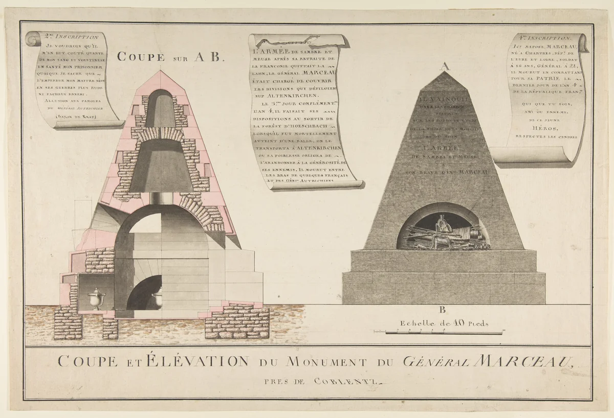 Cross-Section and Elevation of the Funeral Monument for General François Séverin Marceau (1769–1796) by anonymous, drawing, 1801