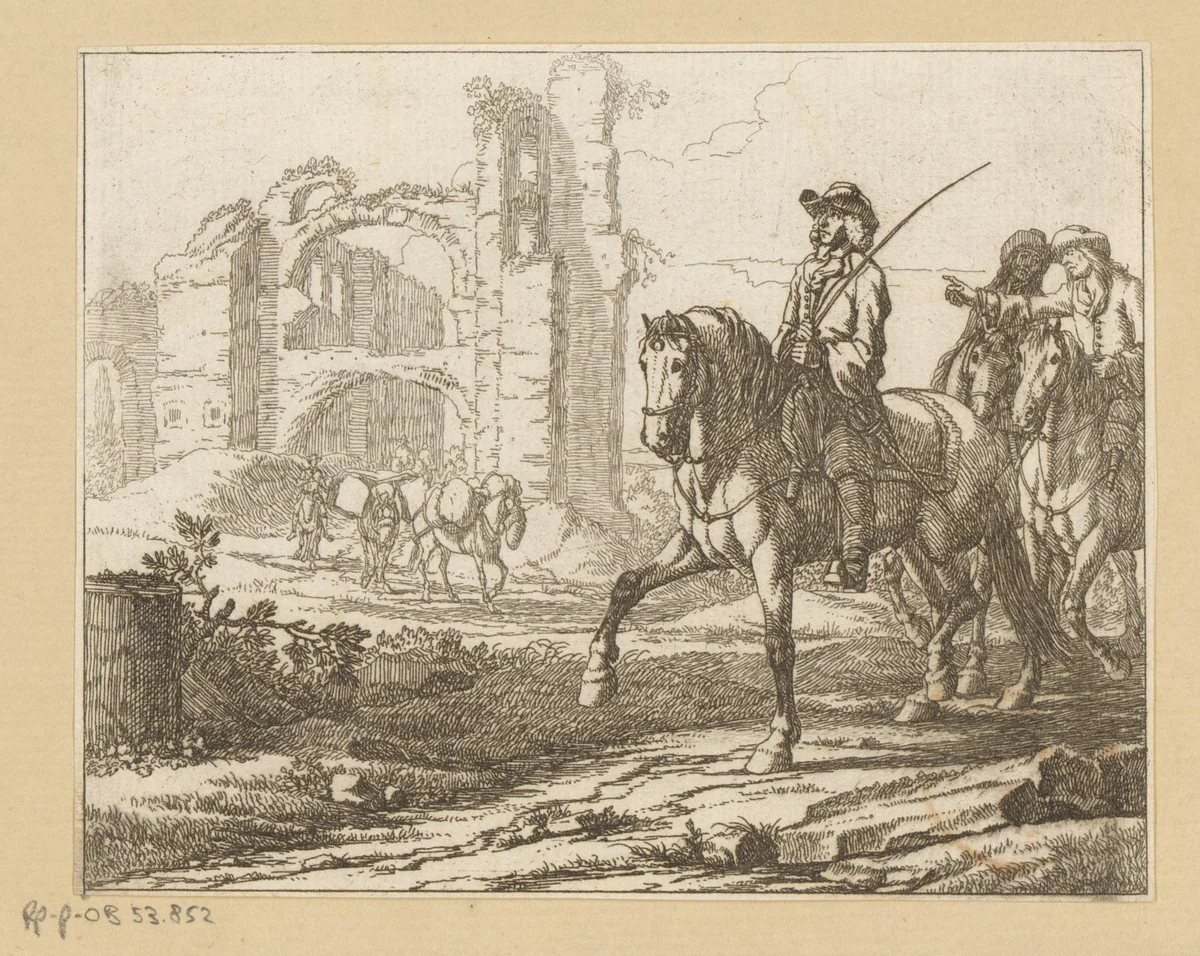 Ruiters rijden langs een ruïne by Georg Philipp Rugendas, print, 1676-1742