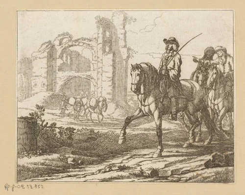 Ruiters rijden langs een ruïne by Georg Philipp Rugendas, print, 1676-1742