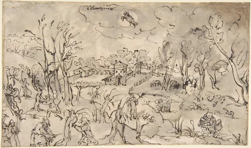 Landscape with Figures Trimming Trees, an Allegory of the Month of March; Verso: Mountainous Landscape with Two Men Crossing a Bridge by anonymous, drawing, 1550-1599