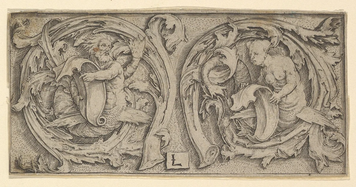 Triton and Siren in Tendrils by Lucas van Leyden, print, 1505-1515