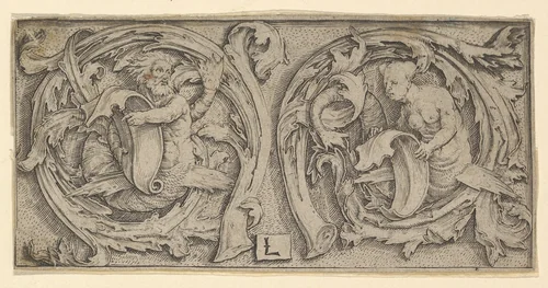 Triton and Siren in Tendrils by Lucas van Leyden, print, 1505-1515