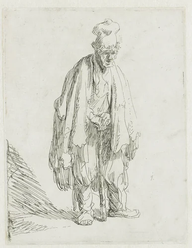 Beggar in a high cap, standing and leaning on a stick by Rembrandt van Rijn, print, 1629