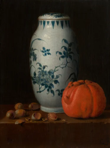 Still Life with Chinese Vase, Hazelnuts and Orange by Simon Luttichuys, painting, 1650