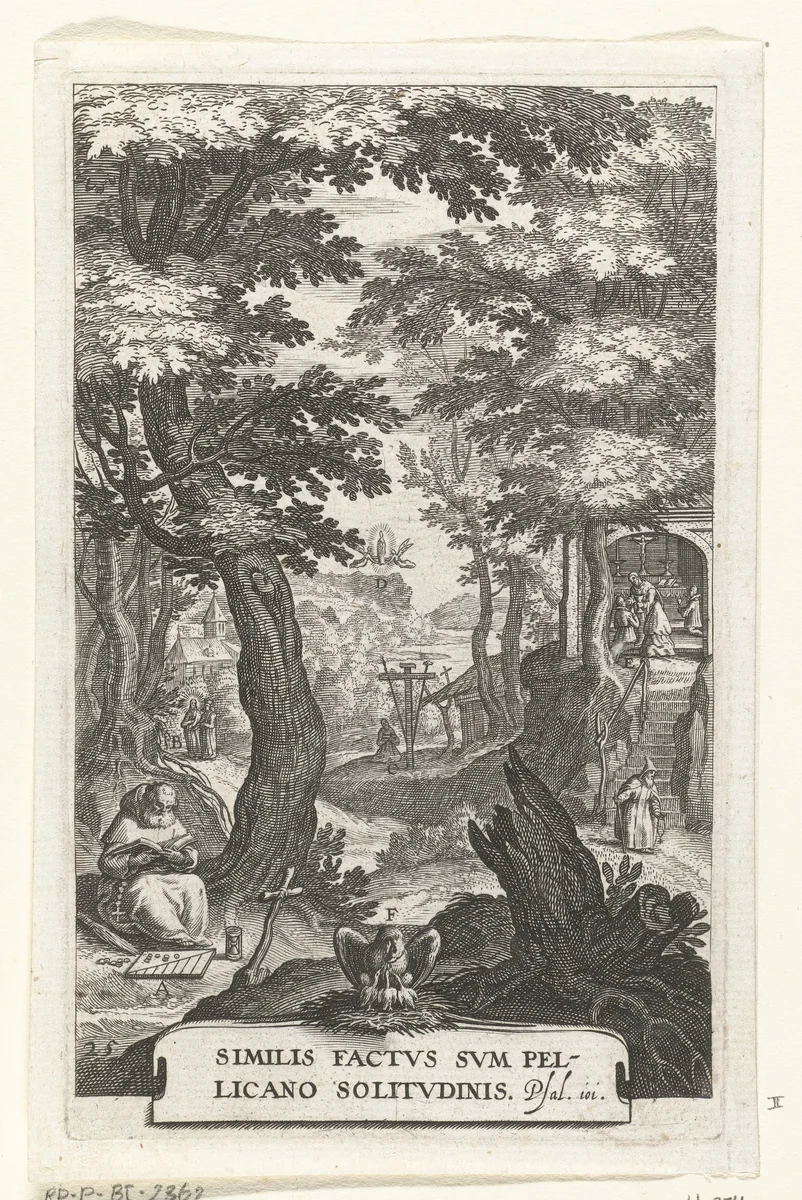 Embleem met kluizenaar en gelovigen die zich wijden aan meditatie by Boëtius Adamsz. Bolswert, print, 1590-1620