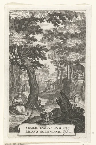 Embleem met kluizenaar en gelovigen die zich wijden aan meditatie by Boëtius Adamsz. Bolswert, print, 1590-1620