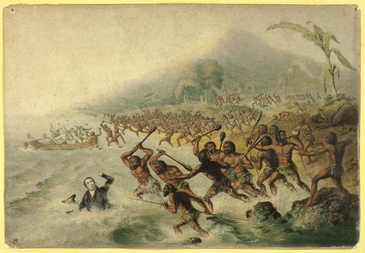 The Massacre of the Lamented Missionary, The Rev. J. Williams and Mr Harris by George Baxter, print, 1841