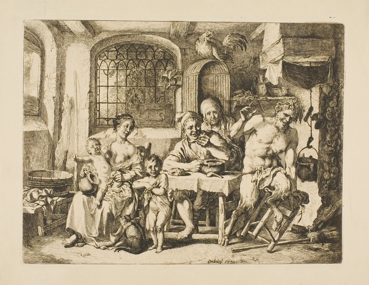 Satyr in a Peasant's House, in the Style of Jordaens by Christian Wilhelm Ernst Dietrich, print, 1739