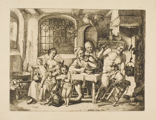 Satyr in a Peasant's House, in the Style of Jordaens by Christian Wilhelm Ernst Dietrich, print, 1739