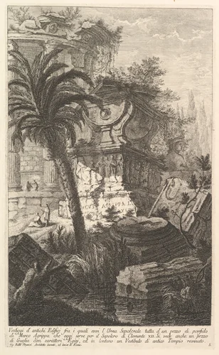 Remains of ancient buldings among which stands the sepulchral urn of Marcus Agrippa made entirely of porphyry, which serves today as the Tomb of Clement XII... (Vestiggi d'antichi Edifici fra i quali evvi l'Urna Sepolcrale tutta d'un pezzo di...), from "Prima Parte di Architettura, e Prospettive" by Giovanni Battista Piranesi, print, 1745-1755