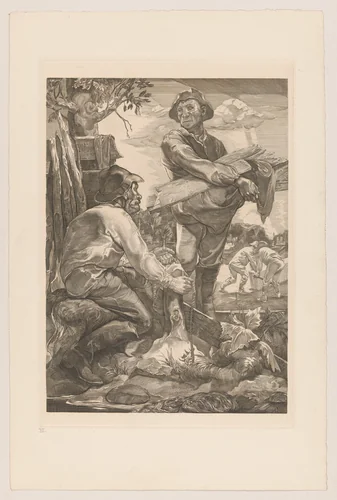 Twee arbeiders met touw en planken by Johannes Josephus Aarts, print, 1881-1934