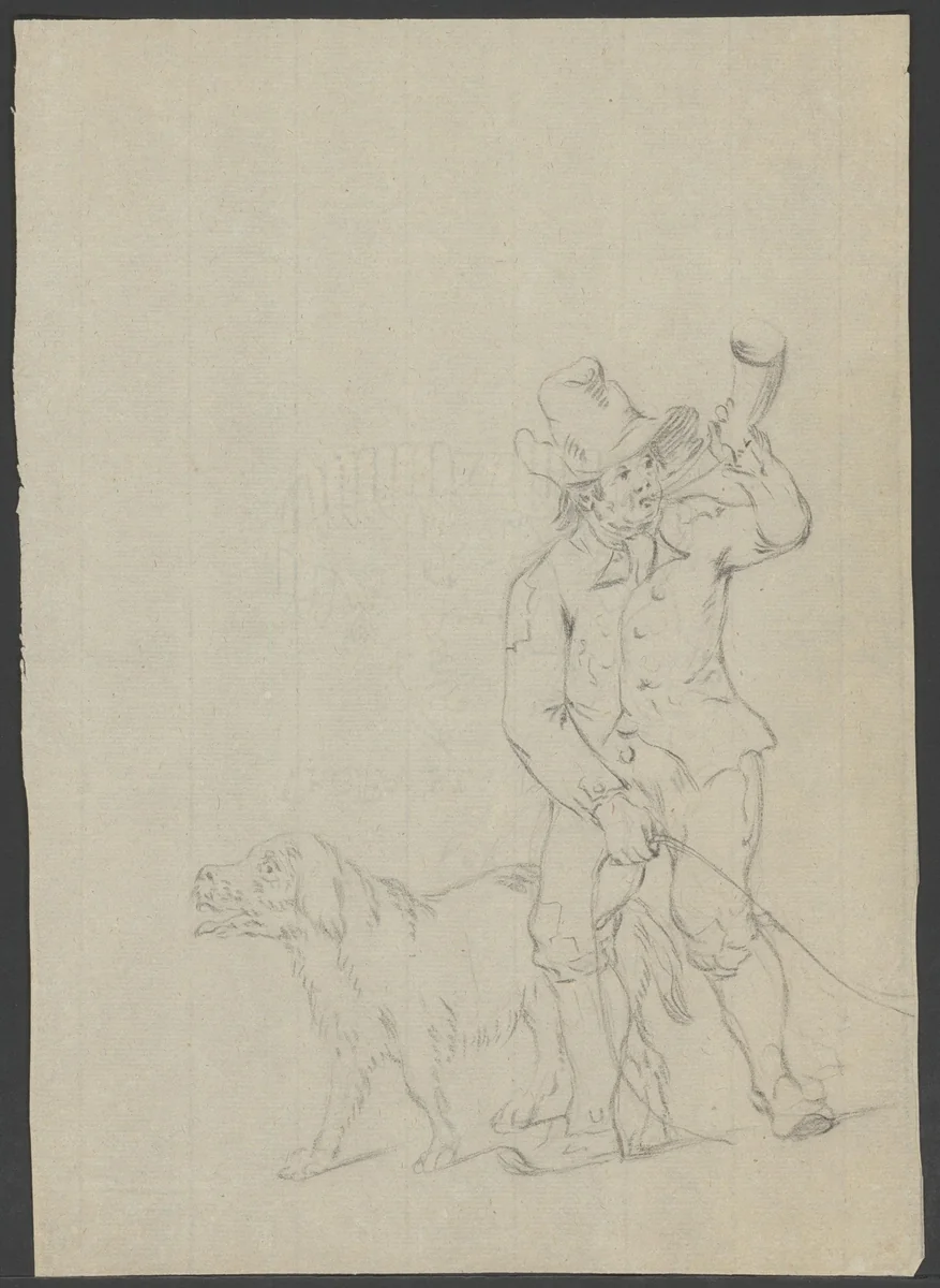 Man met hond blaast op zijn hoorn by anonymous, drawing, 1800-1899