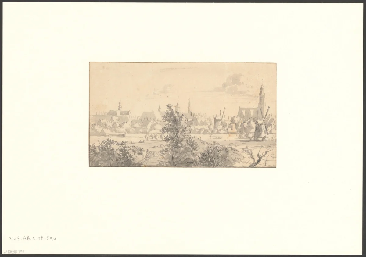 Gezicht op Amsterdam vanaf de Kostverloren Wetering bij de Kattensloot by anonymous, drawing, 1655-1699