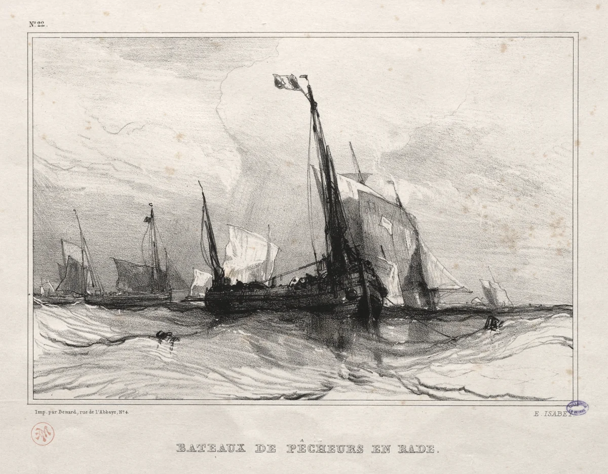 Fishing Boats at Anchor by Eugène Isabey, print, 1836